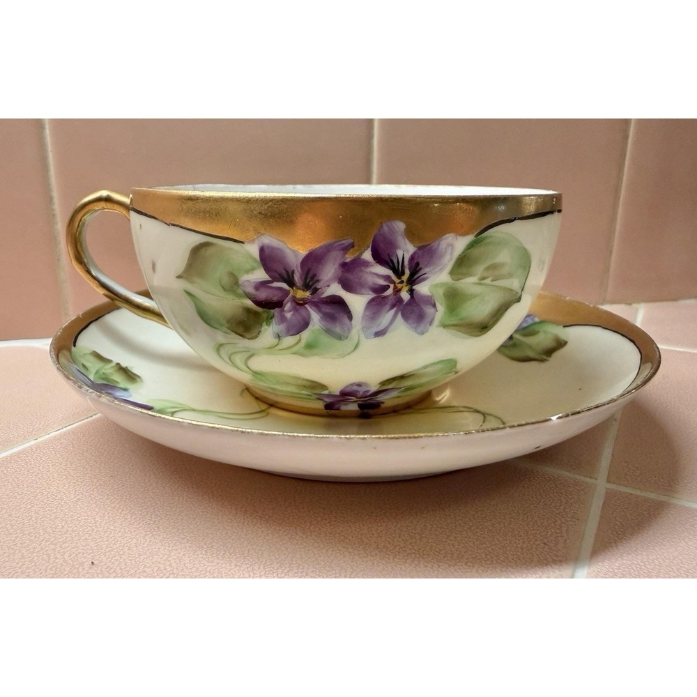 Vintage  BT Co Hand Painted Violets Porcelain Teacup & Saucer Set Japan